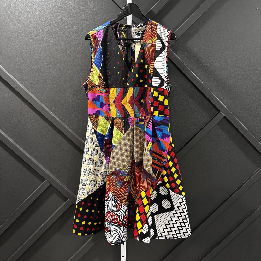 Shenbolen Size XL Multicolor African Print Patchwork Sleeveless Midi Dress